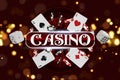 Casino background roulette wheel with dice and chips. Online casino poker table concept design. Top view of white dice