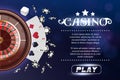 Casino background roulette wheel with playing cards, dice and chips. Online casino poker table concept design. Top view Royalty Free Stock Photo