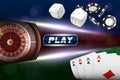 Casino background roulette wheel with playing cards, dice and chips. Online casino poker table concept design. Top view Royalty Free Stock Photo