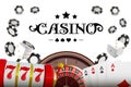 Casino background roulette wheel with playing cards, dice and chips. Online casino poker table concept design. Top view Royalty Free Stock Photo