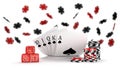 Casino background with Royal Flush hand combination, dice and flying black and red chips Royalty Free Stock Photo