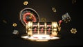 Casino background. Slot machine with roulette wheel. Falling poker chips. Online casino concept. 3d rendering