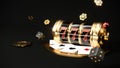 Casino background. Slot machine with roulette wheel. Falling poker chips. Online casino concept. 3d rendering Royalty Free Stock Photo