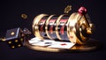 Casino background. Slot machine with roulette wheel. Modern black and golden online casino concept. Poker casino win. 3d