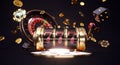 Casino background. Slot machine with roulette wheel. Modern black and golden online casino concept. Poker casino win. 3d