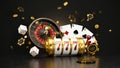 Casino background. Slot machine with roulette wheel. Online casino concept. Falling poker chips. 3d rendering Royalty Free Stock Photo