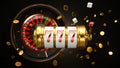 Casino background. Slot machine with roulette wheel. Online casino concept. Falling poker chips. 3d rendering Royalty Free Stock Photo