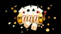 Casino background. Slot machine with roulette wheel. Online casino concept. Falling poker chips. 3d rendering Royalty Free Stock Photo