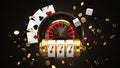 Casino background. Slot machine with roulette wheel. Online casino concept. Falling poker chips. 3d rendering