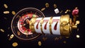 Casino background. Slot machine with roulette wheel. Online casino concept. Falling poker chips. 3d rendering Royalty Free Stock Photo