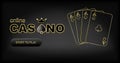 Casino banner. 4 aces, the sign of the suit of spades and a crown on a black background