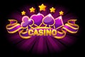 Casino banner with playing cards symbols and violet ribbon. Vector icons on separate layers.