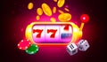 Casino banner vector illustration. Slot machine, dice, coins, chips on dark red and purple background