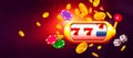 Casino banner vector illustration. Slot machine, dice, coins, chips on dark red and purple background