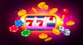 Casino banner vector illustration. Slot machine, dice, coins, chips on dark red and purple background