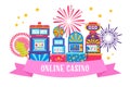 Casino banner web design vector illustration. Win jackpot in game slot machine. Gaming machine, fortune wheel and game Royalty Free Stock Photo