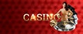 Casino, Beautiful young girl in a golden dress. Banner concept for casino, poker, gambling, croupier, website header, black and