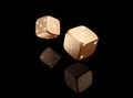 Casino black background with dice 3d. Online casino banner. White and gold dice with reflection isolatel on black. 3d