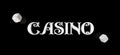 Casino black background with dice and casino 3d sign. Online casino wide banner. Top view of white dice and casino Royalty Free Stock Photo