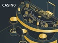 Casino black jack table in isometric flat style. Chips and card deck