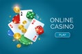 Casino on a blue background. Dice gold coins cards and chips. Vector horizontal illustration