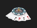 Casino blue chip and roullette on the play card, isolated black 3d Illustration Royalty Free Stock Photo
