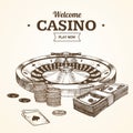 Casino Card or Poster witch Roulette Wheel Hand Draw Sketch. Vector