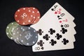 Casino cards and chips. Card deck and poker chips.