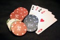 Casino cards and chips. Card deck and poker chips.