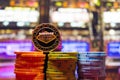 Gambling chips on a gaming table