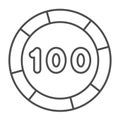 Casino chip with hundred units, coin thin line icon, gamblimg concept, poker 100 token vector sign on white background