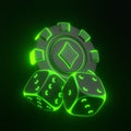 Casino chips, aces cards symbols and gambling dices with futuristic neon green lights on a black background Royalty Free Stock Photo