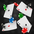 Casino chips and aces falling on a black background. Gambling fond with flying playing cards and gaming coins.