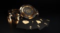 Casino chips on black background. Casino game golden 3D chips. Online casino background banner or casino logo. Black and Royalty Free Stock Photo