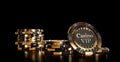Casino chips on black background. Casino game golden 3D chips. Online casino background banner or casino logo. Black and Royalty Free Stock Photo