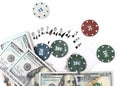 Casino chips and cards and one hundred dollars on a white background Royalty Free Stock Photo