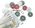 Casino chips and cards and one hundred dollars on a white background Royalty Free Stock Photo