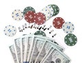 Casino chips and cards and one hundred dollars on a white background Royalty Free Stock Photo