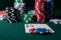 Casino chips and pair of aces on the green table. Poker game Royalty Free Stock Photo