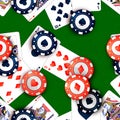 Casino chips and poker cards on green table, seamless pattern Royalty Free Stock Photo