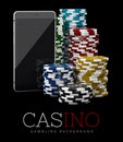 Casino Chips and Smart Phone, online casino concept, 3d Illustration of Casino Games Elements