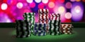 Gambling, Casino. Poker chips stack on green felt table 3d Royalty Free Stock Photo