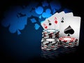 Casino chips stacks with play cards. 3d Illustration on blue background Royalty Free Stock Photo