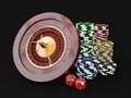 Casino chips stacks with roulette and dice. 3d Illustration on black background Royalty Free Stock Photo