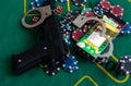 Casino chips a winning combination of cards flush royal next to the police handcuffs Royalty Free Stock Photo