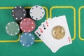 Casino chips winning combination four aces, golden bitcoin Royalty Free Stock Photo
