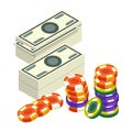 Casino club, money stack and poker chips, blackjack