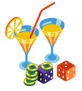 Casino club, poker chips and dices, bar cocktails