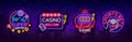 Casino collection of neon signs. Design template in neon style. Slot Machines, Poker Online Bright Logo Character