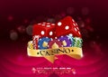 Casino colorful chips with red dice and golden ribbon on red background Royalty Free Stock Photo